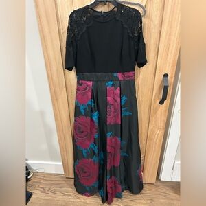 SLNY Black Midi Dress with Berry Rose and Teal Accents
